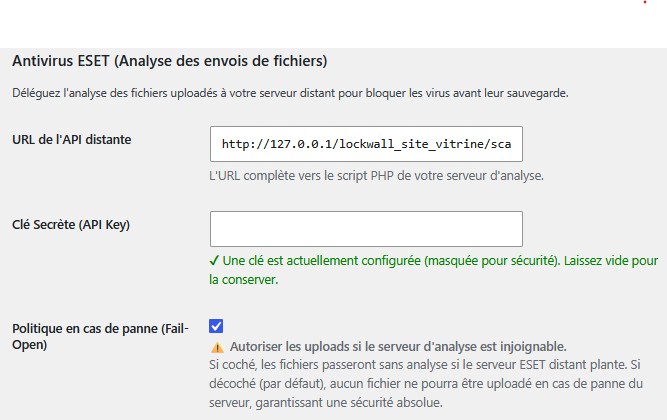 Configuration de l'antivirus distant pour l'analyse des fichiers uploadés dans LockWall WP
