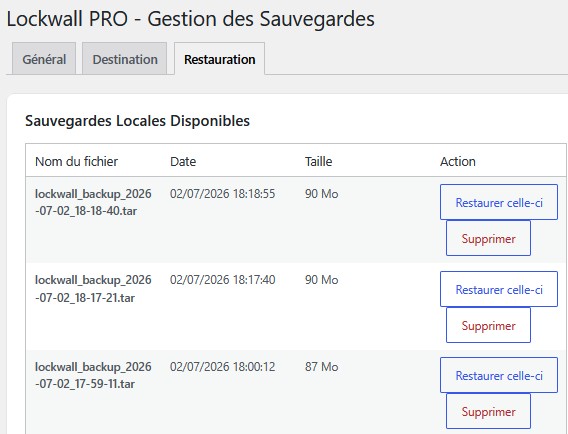 Gestion des sauvegardes LockWall PRO avec restauration locale