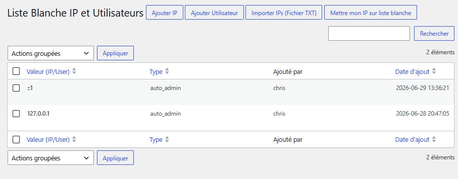 Gestion de la liste blanche IP et utilisateurs dans LockWall WP
