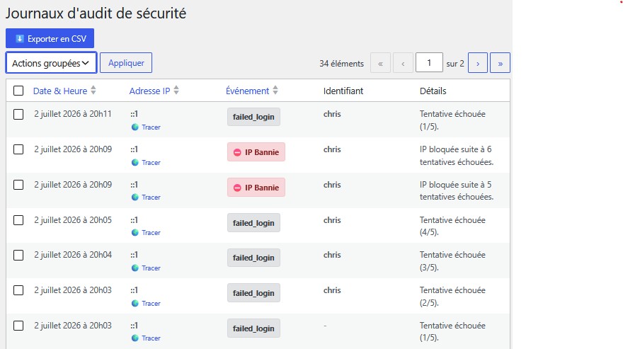 Journaux d'audit de sécurité LockWall avec export CSV et liste des événements