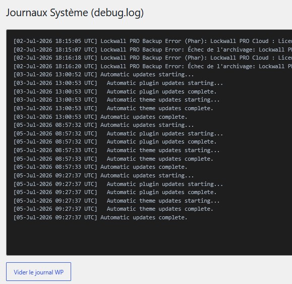 Lecture du fichier debug.log WordPress dans l'interface LockWall