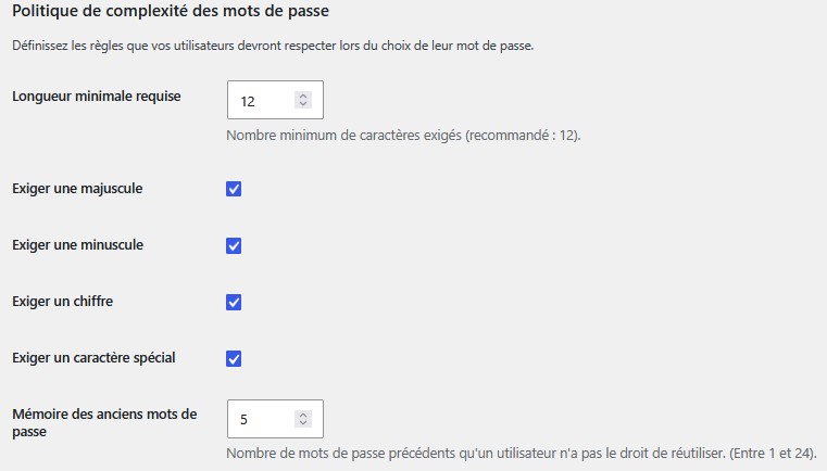 Réglages de la politique de complexité des mots de passe dans LockWall WP