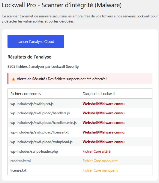 Scanner d'intégrité LockWall Pro avec résultats d'analyse des fichiers compromis